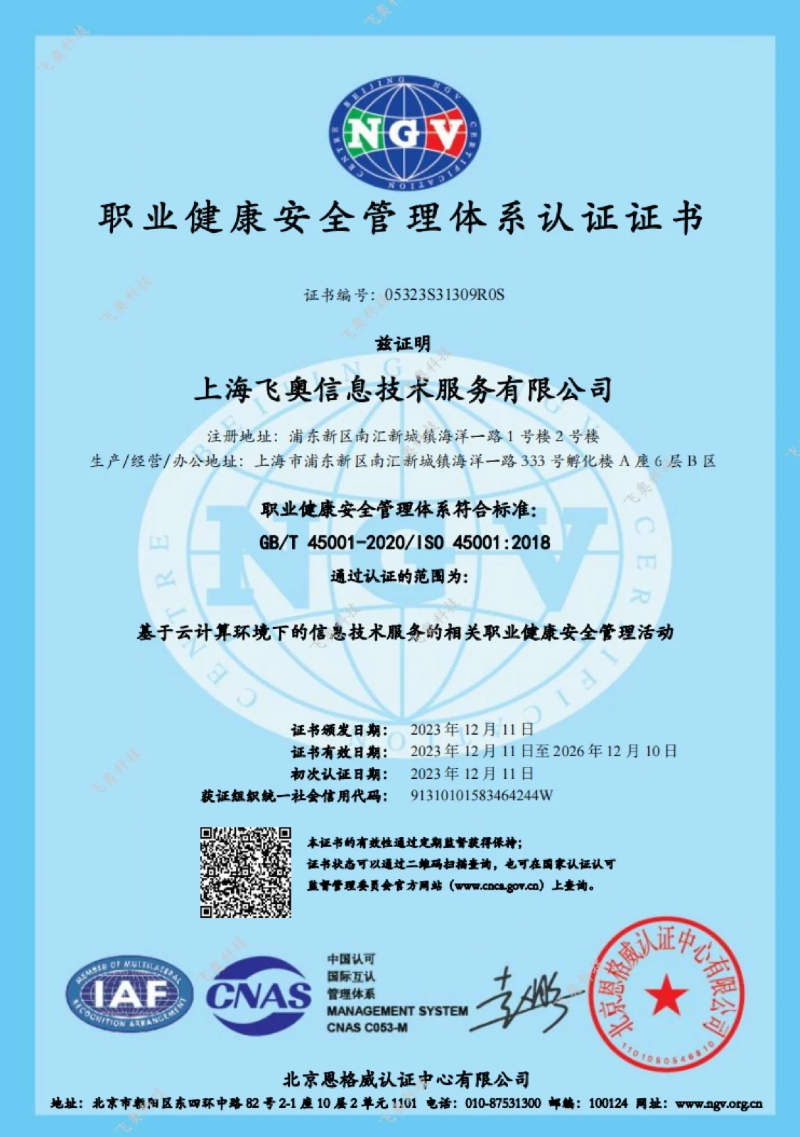 ISO 45001 职业健康安全管理体系认证证书