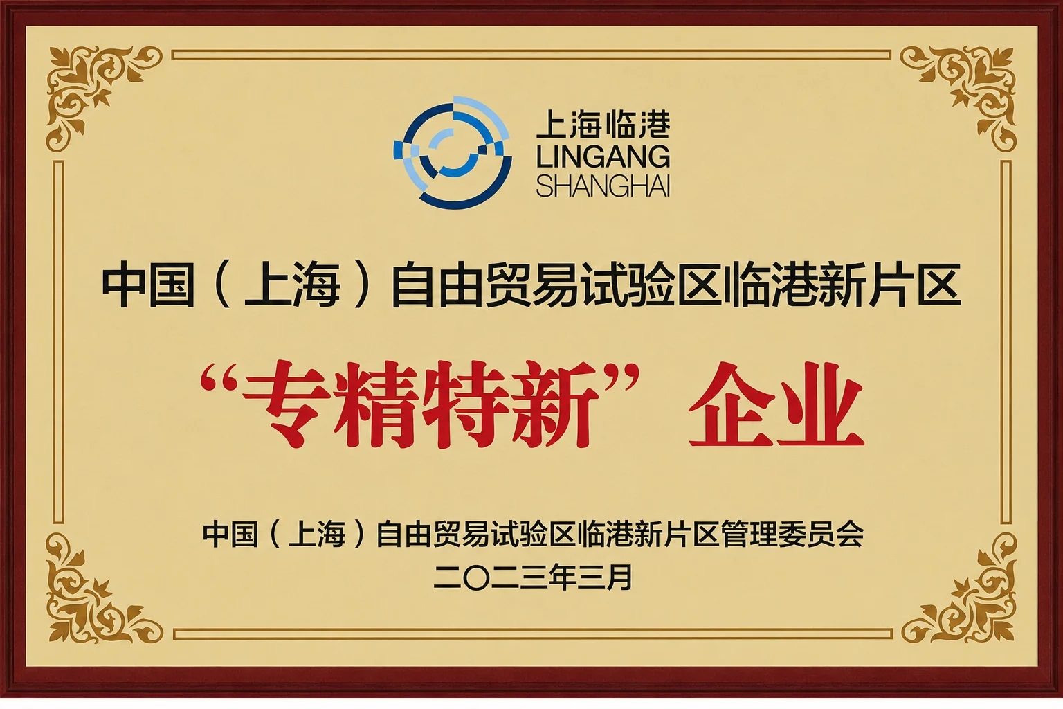 临港新片区专精特新企业资质牌匾
