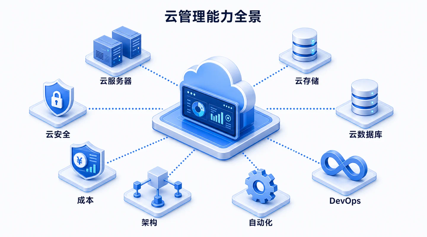 云管理能力全景，涵盖云服务器、云存储、云数据库、云安全、自动化、成本、架构与DevOps
