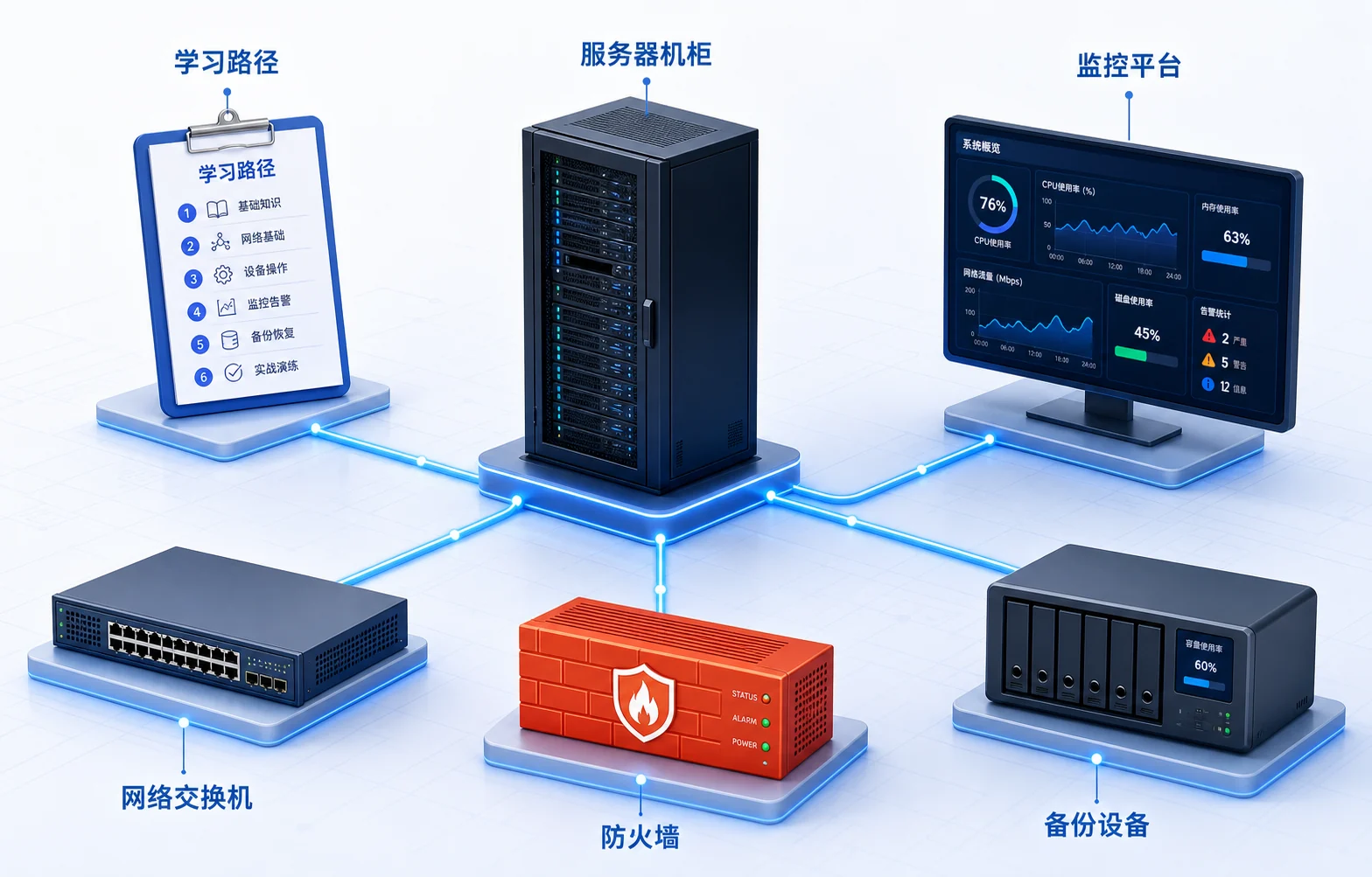 服务器机柜、网络交换机、防火墙、备份设备和监控平台组成的IDC实操训练环境