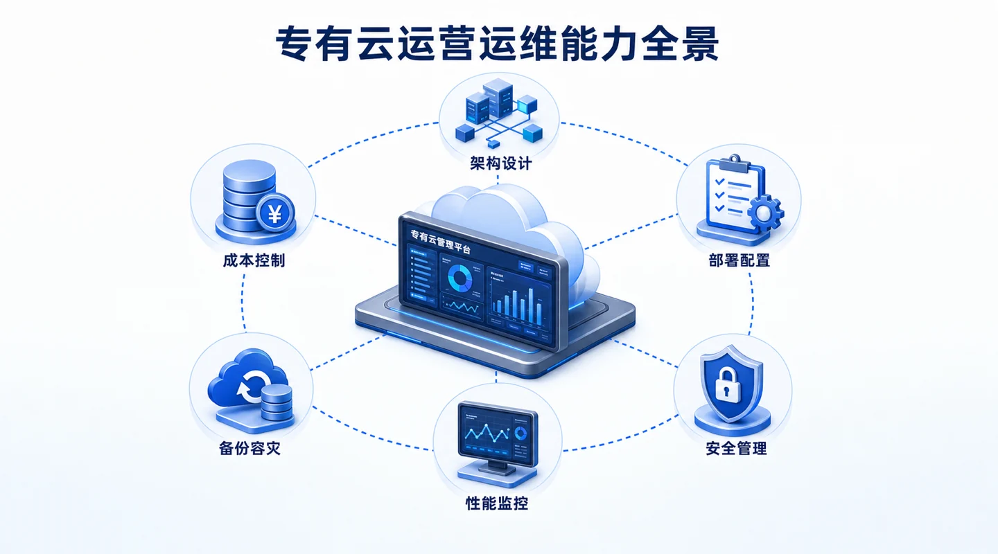 专有云运营运维能力全景，涵盖架构设计、部署配置、安全管理、性能监控、备份容灾与成本控制